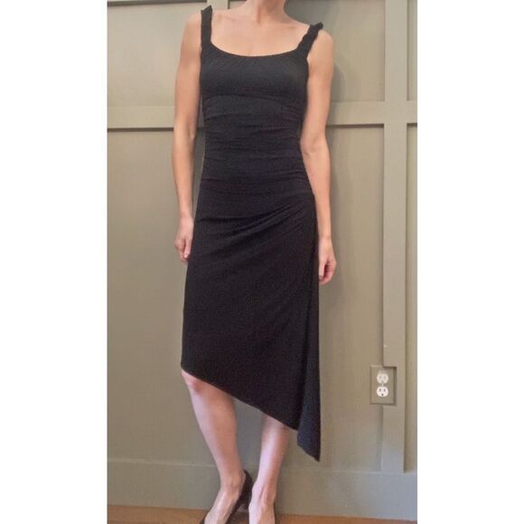 BCBG maxAzria ruched asymmetric hem midi dress black size XS - Picture 1 of 15